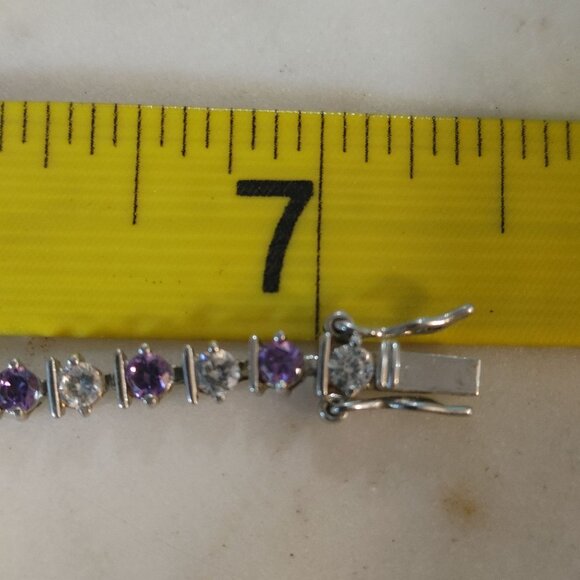 Sterling Silver CZ Bracelet 7 Inches Tennis  Sparkling Purple Clear Stonesn Gift - Picture 2 of 12